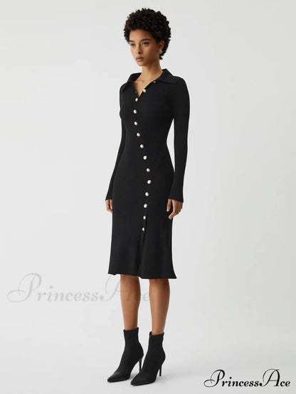 Asymmetric Button Down Long Modern Sleeve Midi Sweater Dress