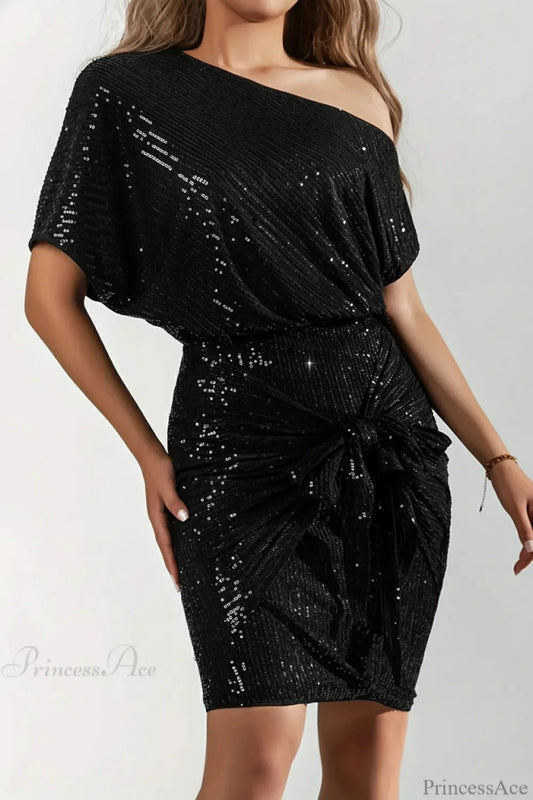 Asymmetric Shoulder Sequined Fitted Irregular Mini Dress