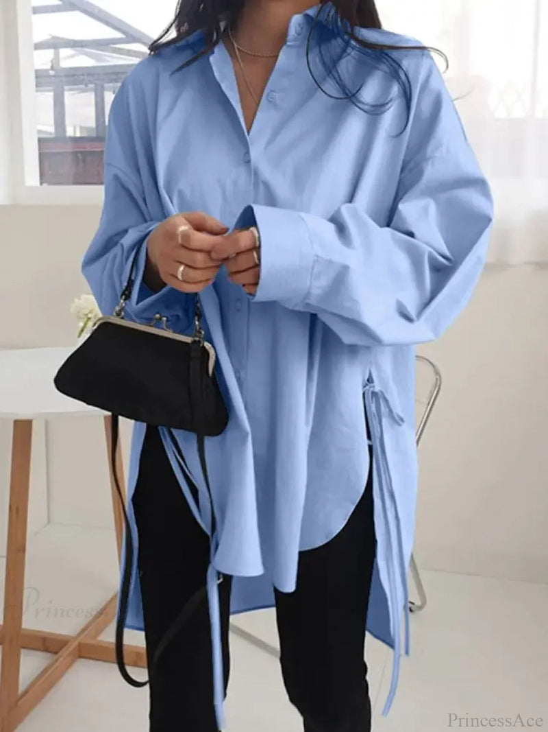 Asymmetrical Lace-up Button Lapel Blouse