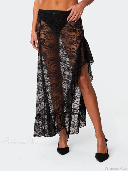 Asymmetrical Ruffle Lace Bodycon Summer Beach Y2k Long Skirt