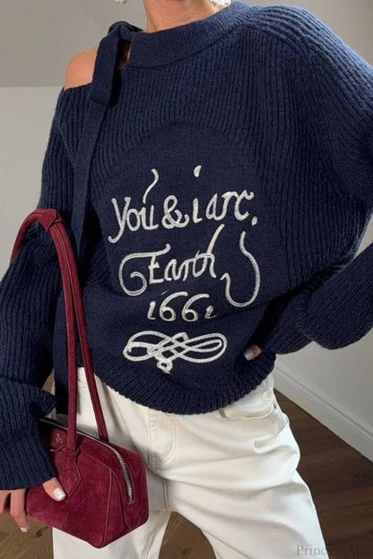 Asymmetrical Shoulder Letter Pattern Sweater