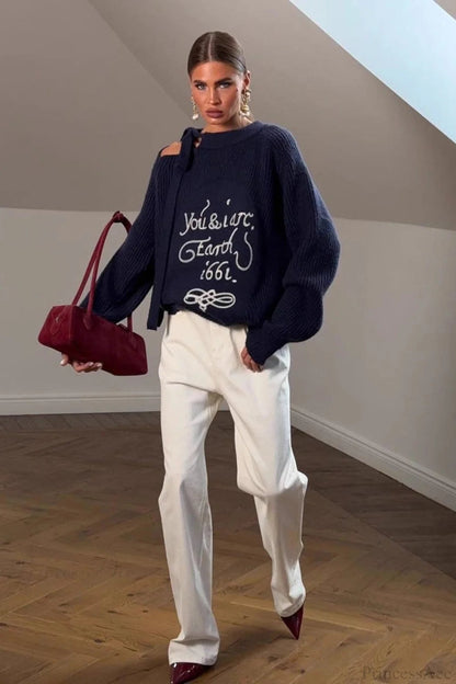 Asymmetrical Shoulder Letter Pattern Sweater