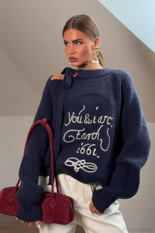 Asymmetrical Shoulder Letter Pattern Sweater