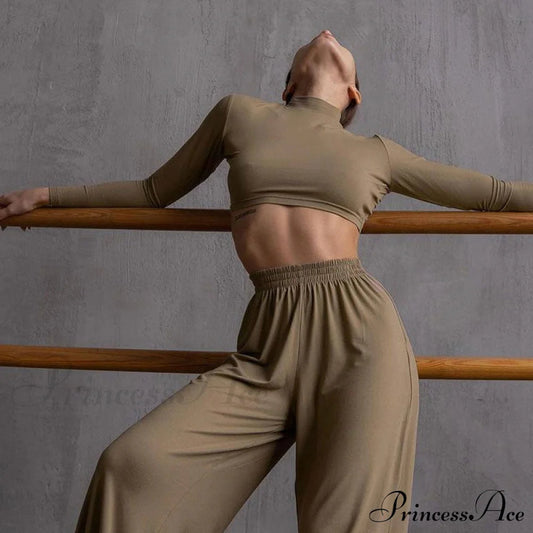 Athleisure Long Sleeve Crop Top Sophisticated Wide Leg Pants Matching Set - Gray