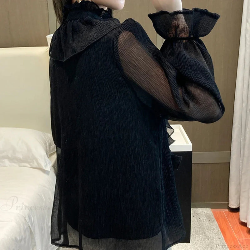 Autumn Ruffled Lace Chiffon Stand Collar Blouse