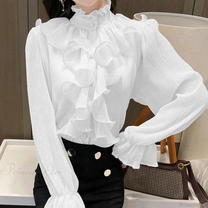 Autumn Ruffled Lace Chiffon Stand Collar Blouse