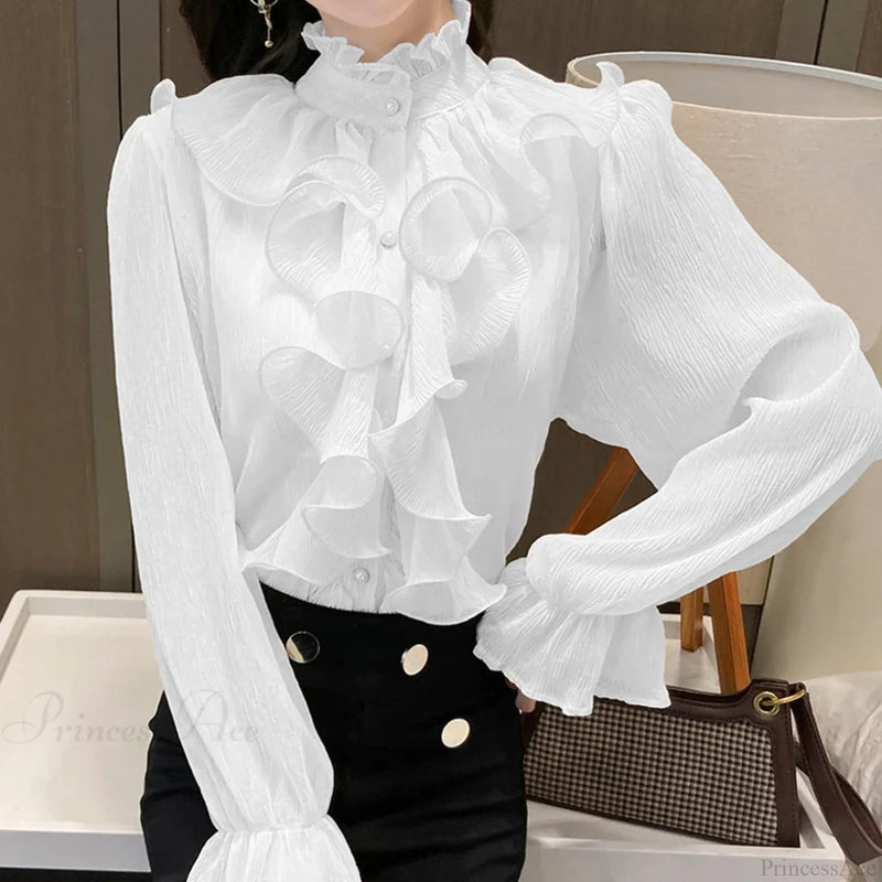 Autumn Ruffled Lace Chiffon Stand Collar Blouse