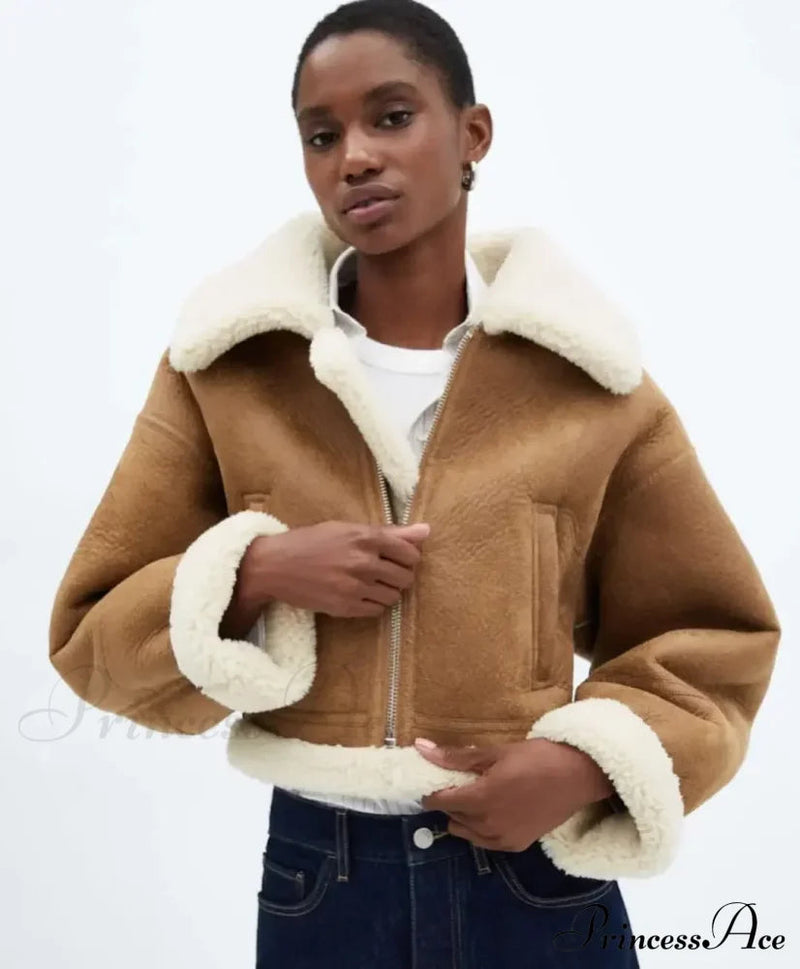 Autumn Faux Leather Cropped Warm Lapel Fleece Long Sleeve Stylish Coat