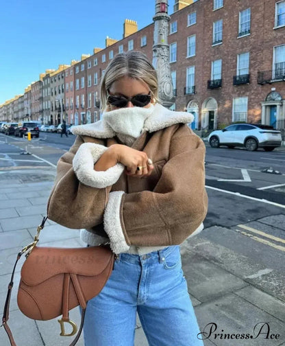 Autumn Faux Leather Cropped Warm Lapel Fleece Long Sleeve Stylish Coat