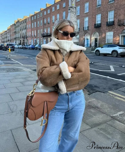 Autumn Faux Leather Cropped Warm Lapel Fleece Long Sleeve Stylish Coat