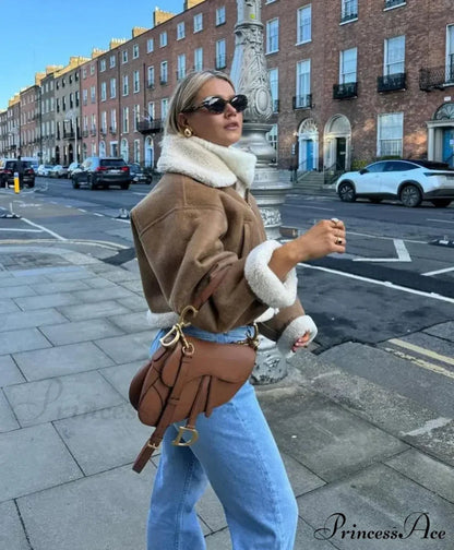Autumn Faux Leather Cropped Warm Lapel Fleece Long Sleeve Stylish Coat