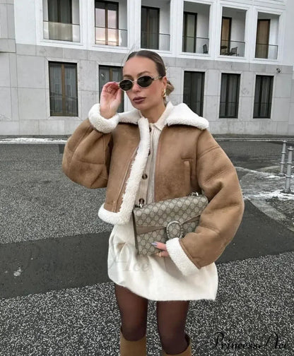 Autumn Faux Leather Cropped Warm Lapel Fleece Long Sleeve Stylish Coat