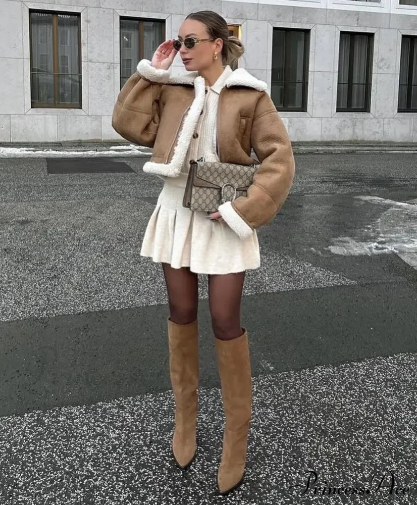 Autumn Faux Leather Cropped Warm Lapel Fleece Long Sleeve Stylish Coat