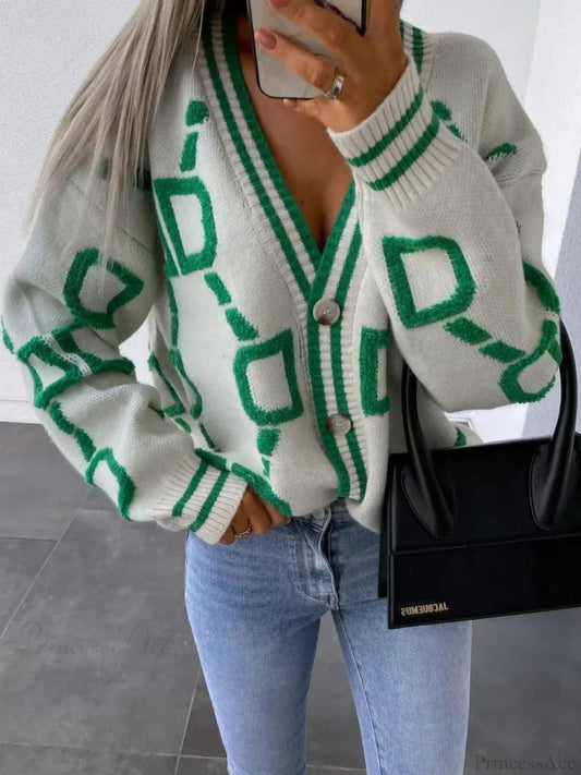 Autumn Winter Loose Long Sleeve Warm Knitted V-neck Christmas Sweater