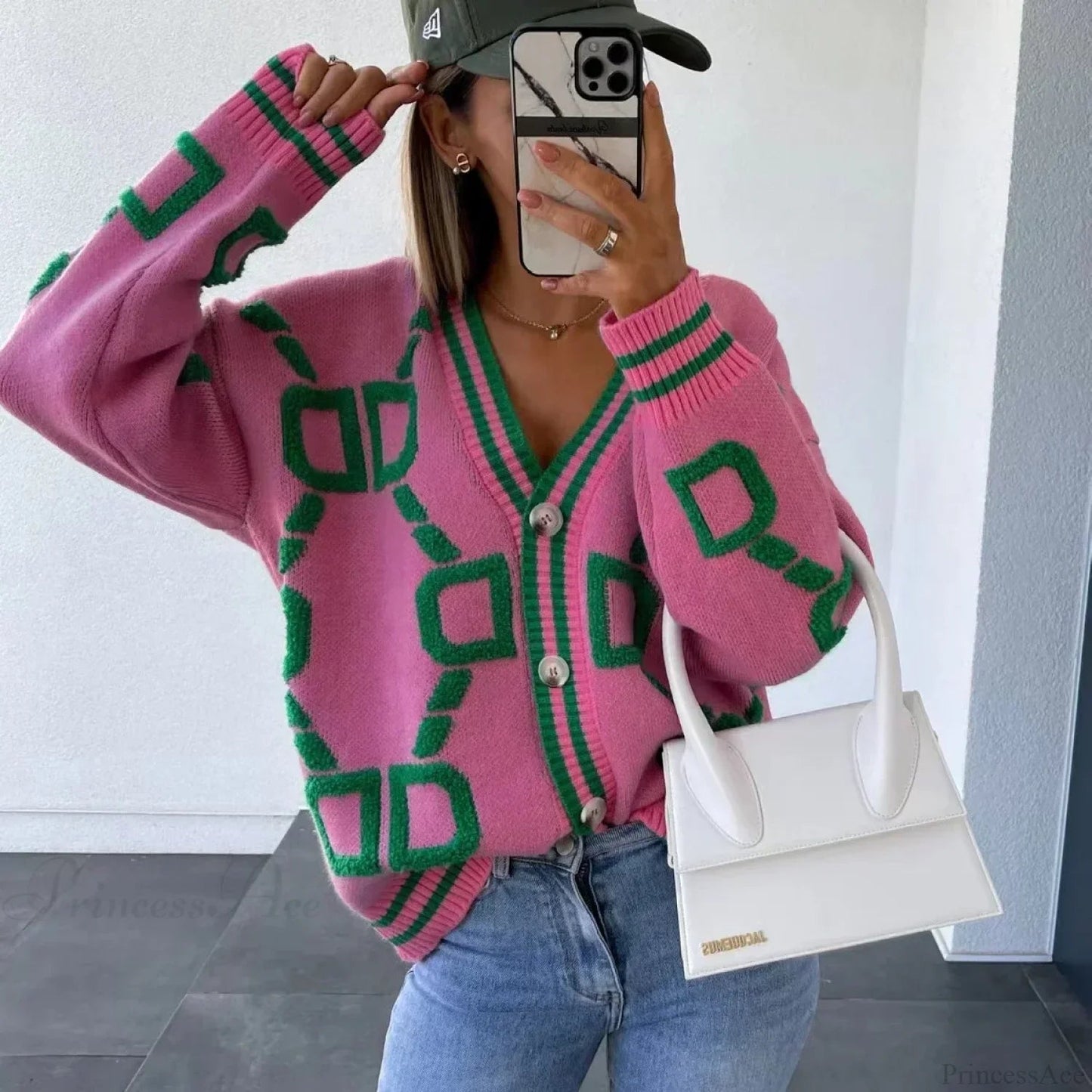 Autumn Winter Loose Long Sleeve Warm Knitted V-neck Christmas Sweater