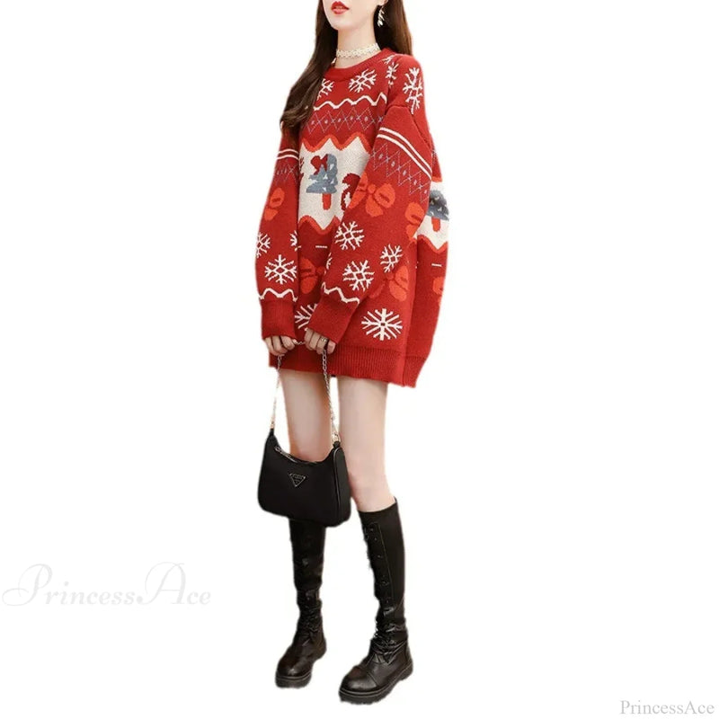 Autumn Winter Christmas Elk Red Oversized Christmas Sweater