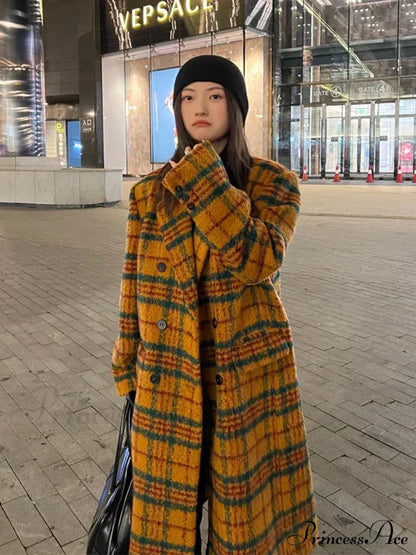 Autumn Winter Long Loose Retro Colorful Woolen Double Breasted Designer Stylish Coat