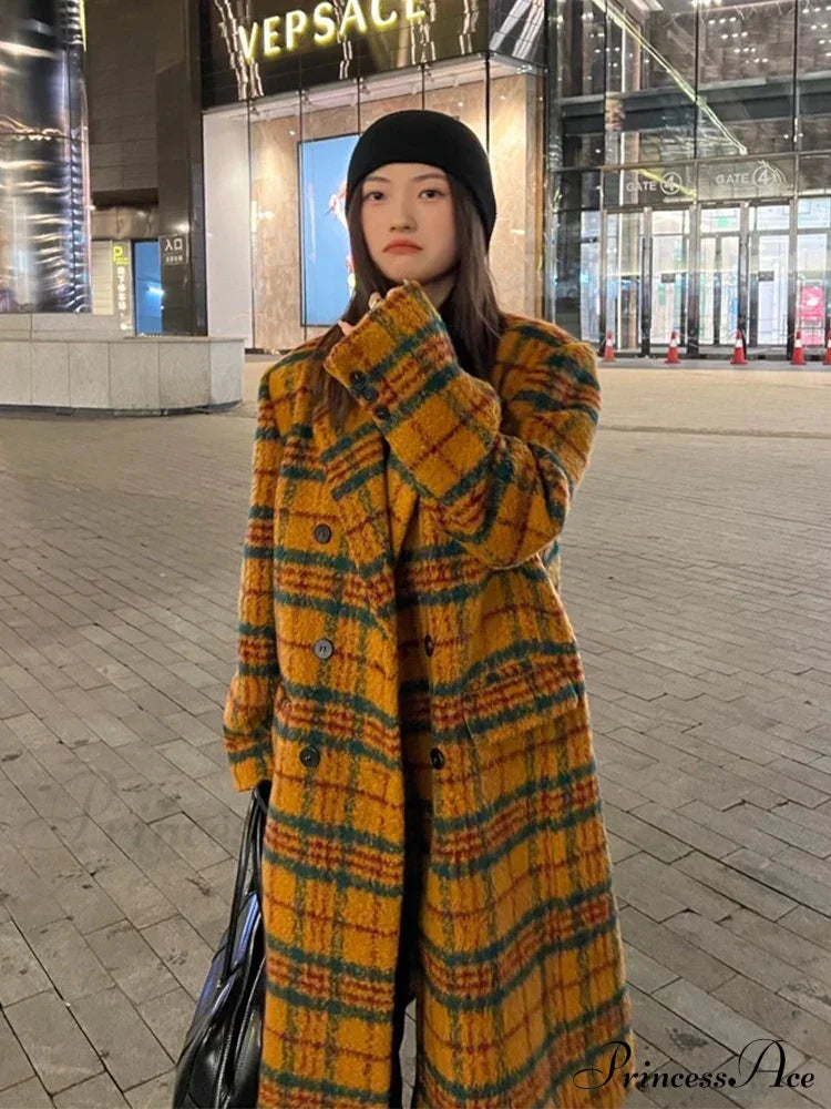 Autumn Winter Long Loose Retro Colorful Woolen Double Breasted Designer Stylish Coat