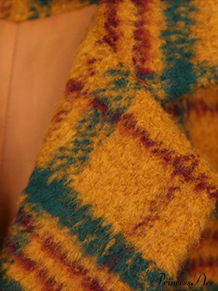 Autumn Winter Long Loose Retro Colorful Woolen Double Breasted Designer Stylish Coat