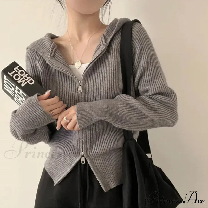 Autumn Winter Long Sleeve Short Loose Knitted Zipper Cardigan