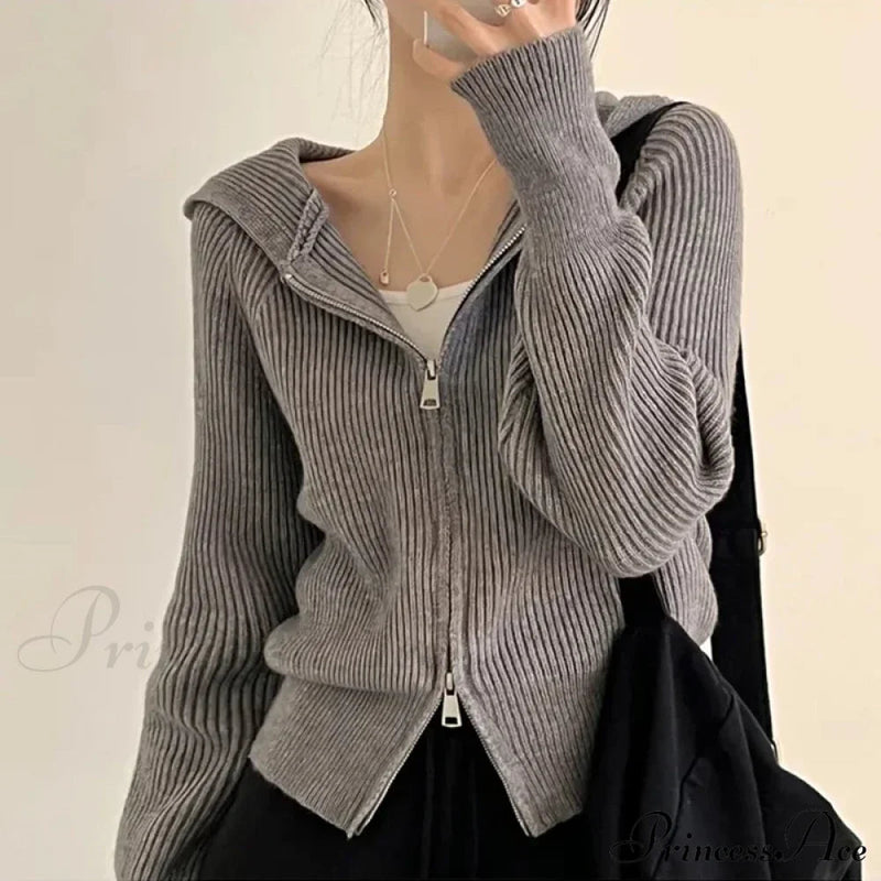 Autumn Winter Long Sleeve Short Loose Knitted Zipper Cardigan
