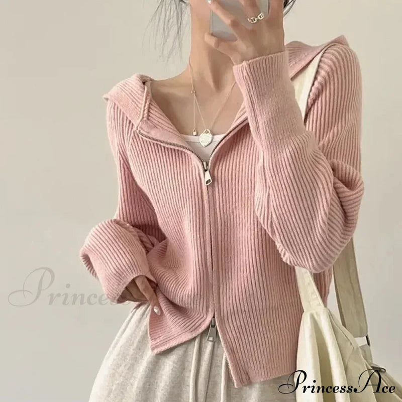 Autumn Winter Long Sleeve Short Loose Knitted Zipper Cardigan