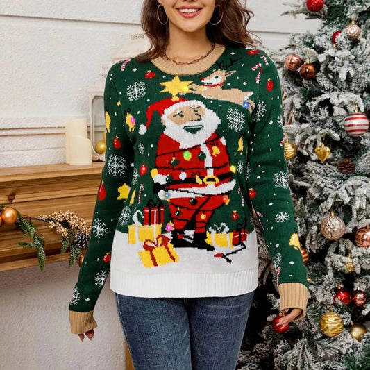 Autumn Winter Santa Jacquard Round Neck Retro Christmas Sweater With Led Light