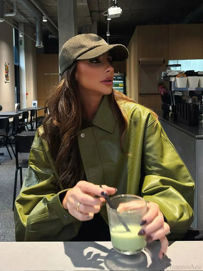 Avocado Green Single Breasted Leather Coat