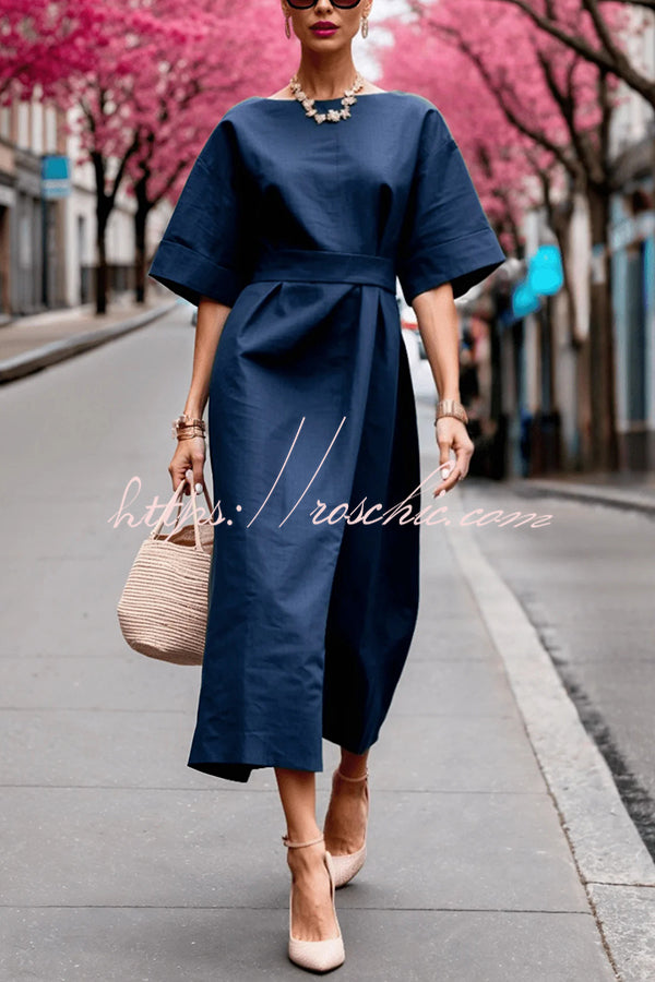 Color Round Neck Half Sleeve Waist Midi Dress