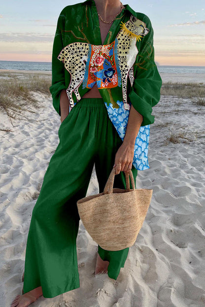Leopard Print Oversized Shirt and Elastic Waist Pocket Pants Set