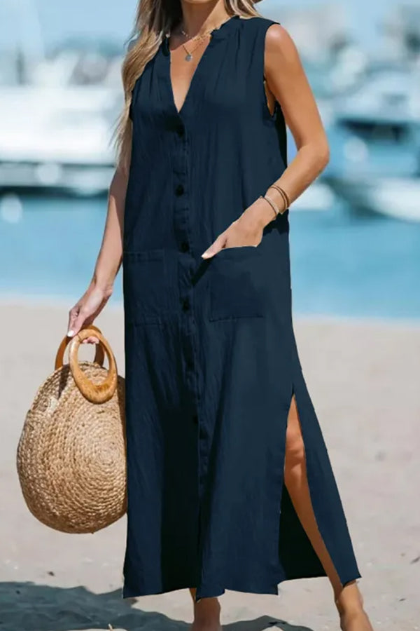 Cotton and Linen Sleeveless Loose V-neck Maxi Dress