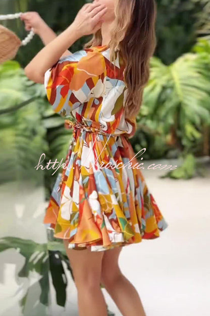 Unique Printed Round Neck Short Sleeve Waist Tie Vacation Mini Dress