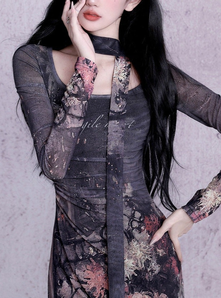 Enchanting Midnight Bloom Maxi Dress: Long-sleeve Bodycon With Print and Choker Detail