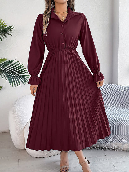 A-line Flared Sleeves Buttoned Elasticity Pleated Color Lapel Maxi Dresses