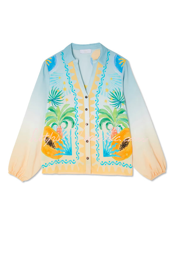 See You in Rio Tropical Fruits Print Button Long Sleeve Loose Blouse