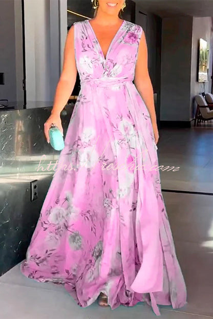 Print V-neck Lace-up Maxi Dress