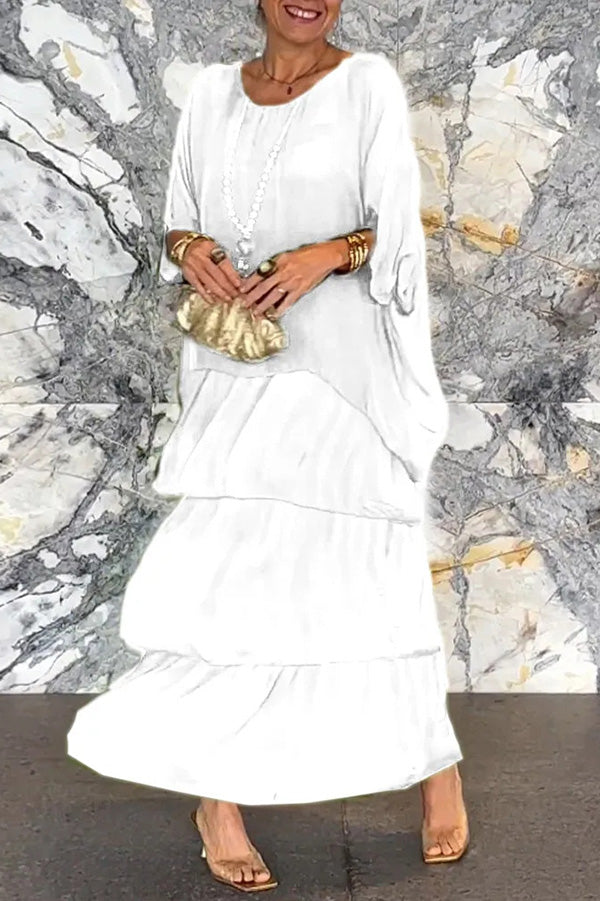 Color Crew Neck Loose Tiered Maxi Dress