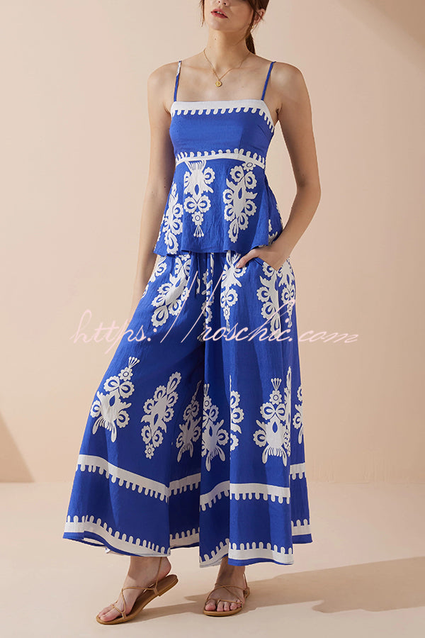 Unique Print Suspender Pleated Top and Elastic Waist Loose Wide-leg Pants Set