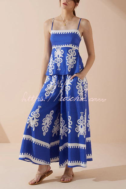Unique Print Suspender Pleated Top and Elastic Waist Loose Wide-leg Pants Set
