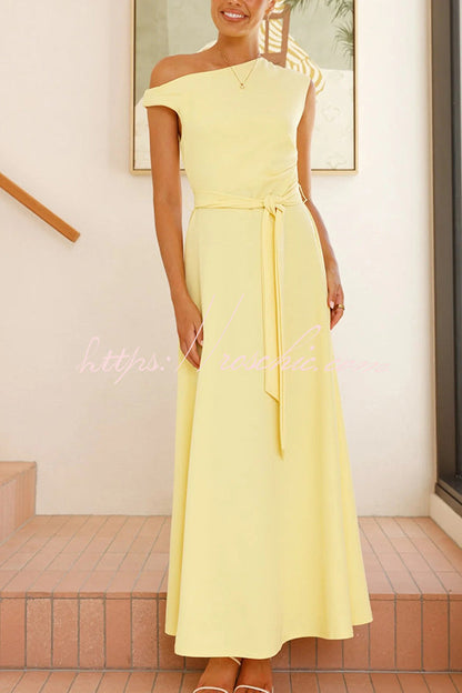 Color Sloped Collar Slim Fit Waist Lace Up Full Hem Maxi Dress