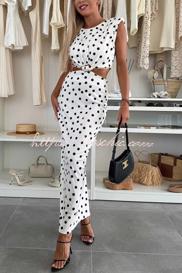 Roxane Polka Dot Print Shoulder Pad Metal Cutout Waist Slit Stretch Maxi Dress