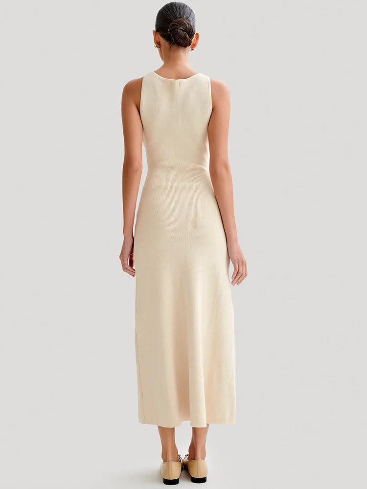 Sleeveless Buttoned Maxi Dress for Round Two Pocket Slim Knit Long Dress Knitwear New