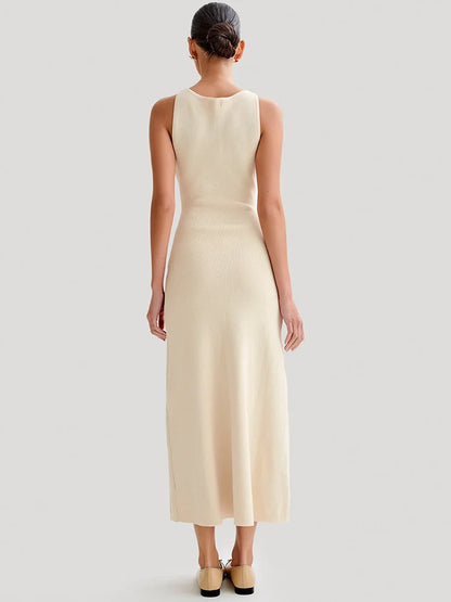 Sleeveless Buttoned Maxi Dress for Round Two Pocket Slim Knit Long Dress Knitwear New