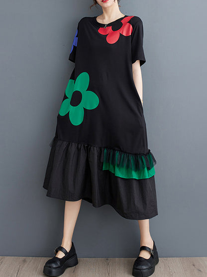 Loose Short Sleeves Printed Split-joint Round-neck Midi Dresses
