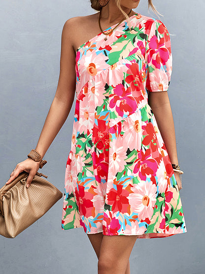 A-line Bishop Sleeve Flower Print Split-joint One-shoulder Mini Dresses