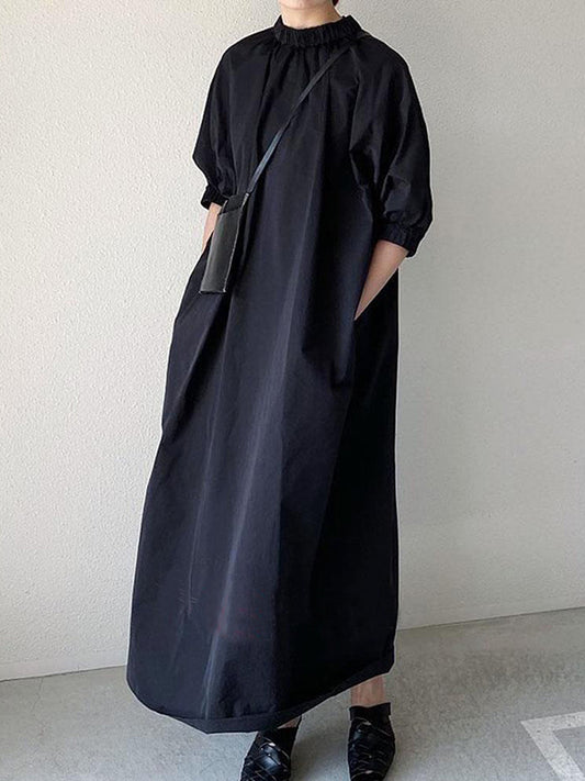 Loose Puff Sleeves Pleated Split-joint Zipper Stand Collar Maxi Dresses Shirt Dress