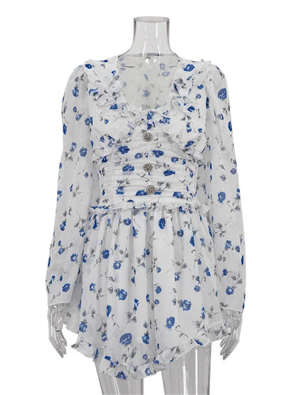 Ruffled V-neck Printed Mini Dress Female Bandage Autumn Lace-up Contrast Drawstring Dress for Party Dress