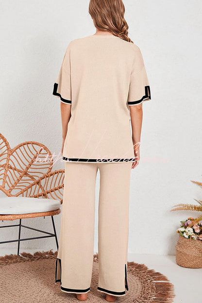 Lounge or Wear Knit Patchwork Color Block Short Sleeve Top and Elastic Wide Leg Pants