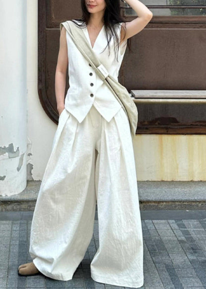 Vogue White V Neck Button Linen Waistcoat and Wide Leg Pants Two Piece Set Summer An1030