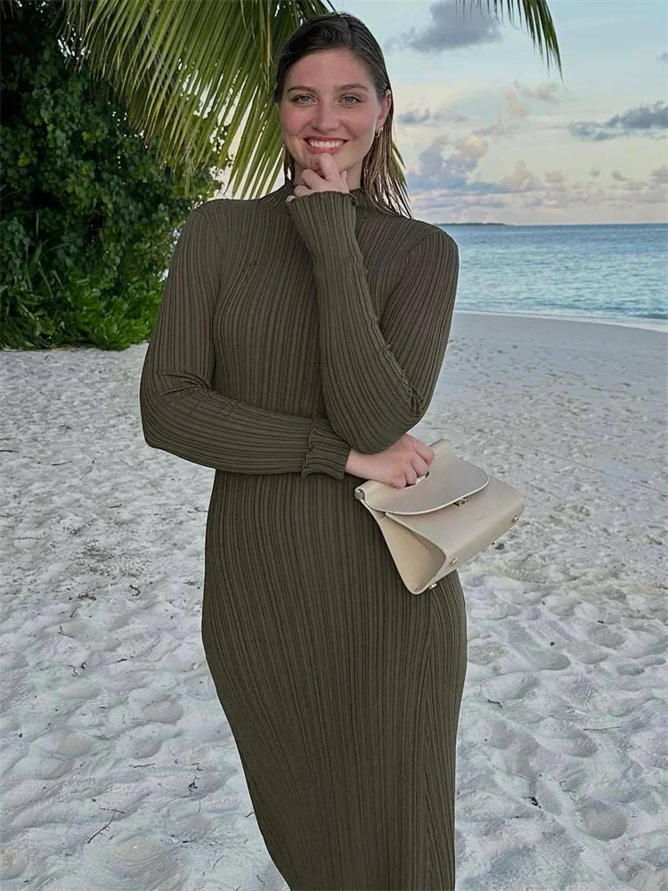 Autumn Ruffled Knitwear Long Dress Female Long Sleeve Loose Ribbed High Waist Maxi Dress Knit Dress
